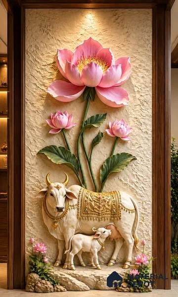 Sacred Cow and Lotus 3D Wall 5 ft x 30 inch CNC Made HDHMR Panel - 50 mm