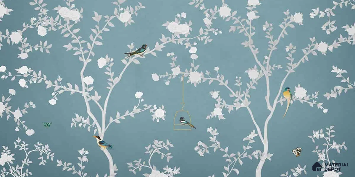 Aura in the Garden Blue Chinoiserie Wallpaper Sukoon Series Canvas Chinoserie Design (Customised Size Wallpaper)