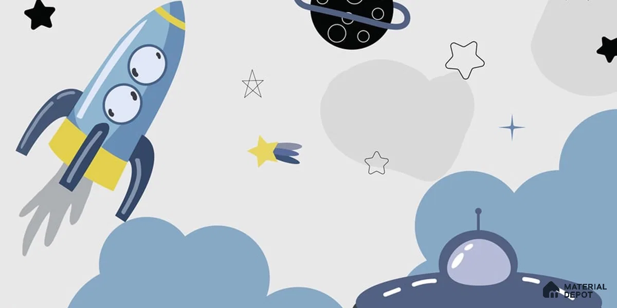 Blue and Grey Space Theme Children Wallpaper, Customized Sparkla N Shine Series Soft Feel Space Design (Customised Size Wallpaper)