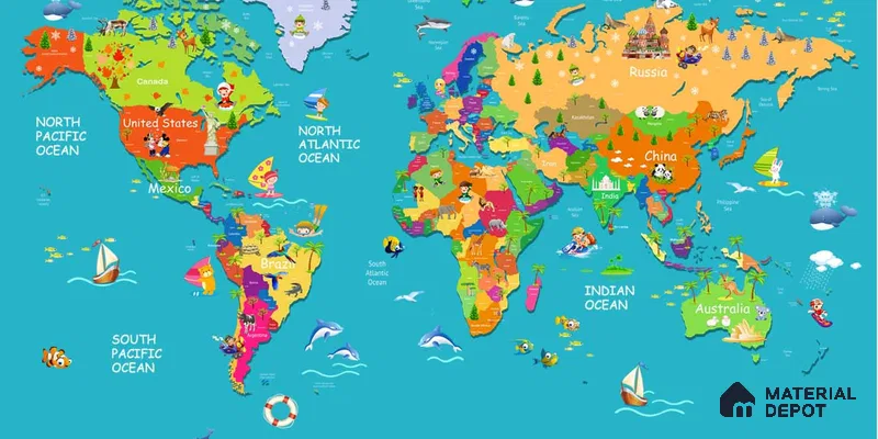Blue Colourful World Map for Kids Room Walls Sparkla N Shine Series Handmade Map Design (Customised Size Wallpaper)