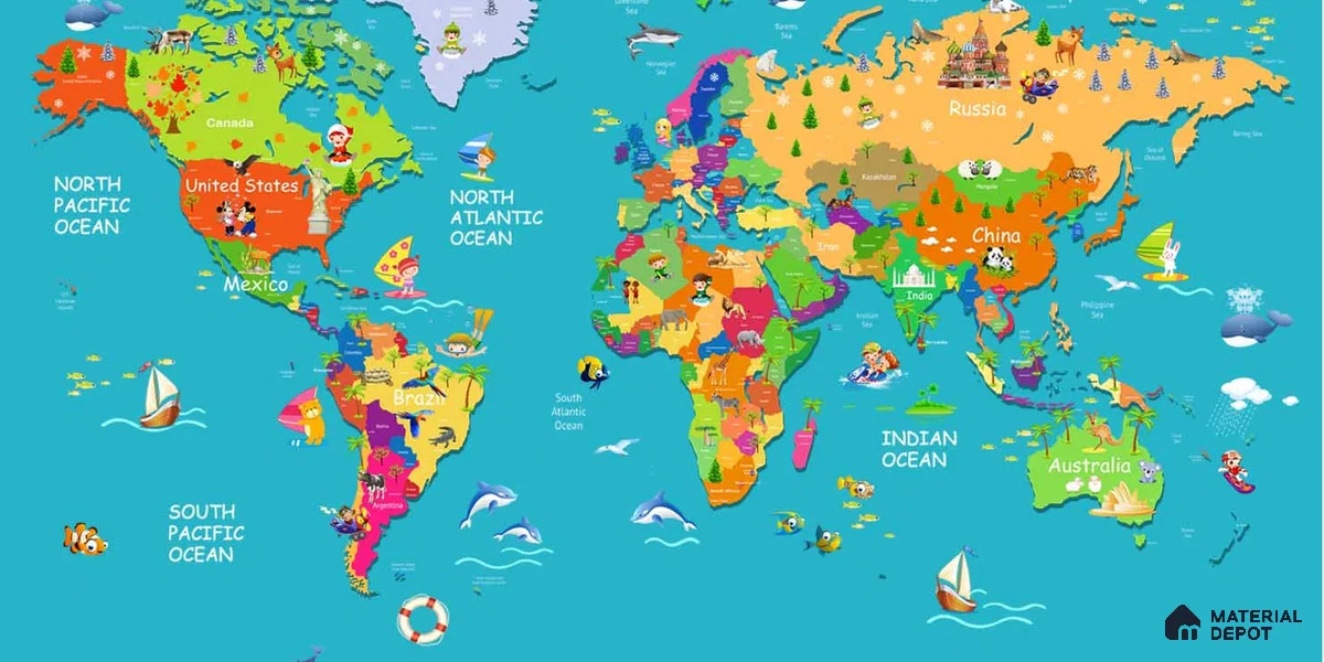 Blue Colourful World Map for Kids Room Walls Sparkla N Shine Series Handmade Map Design (Customised Size Wallpaper)
