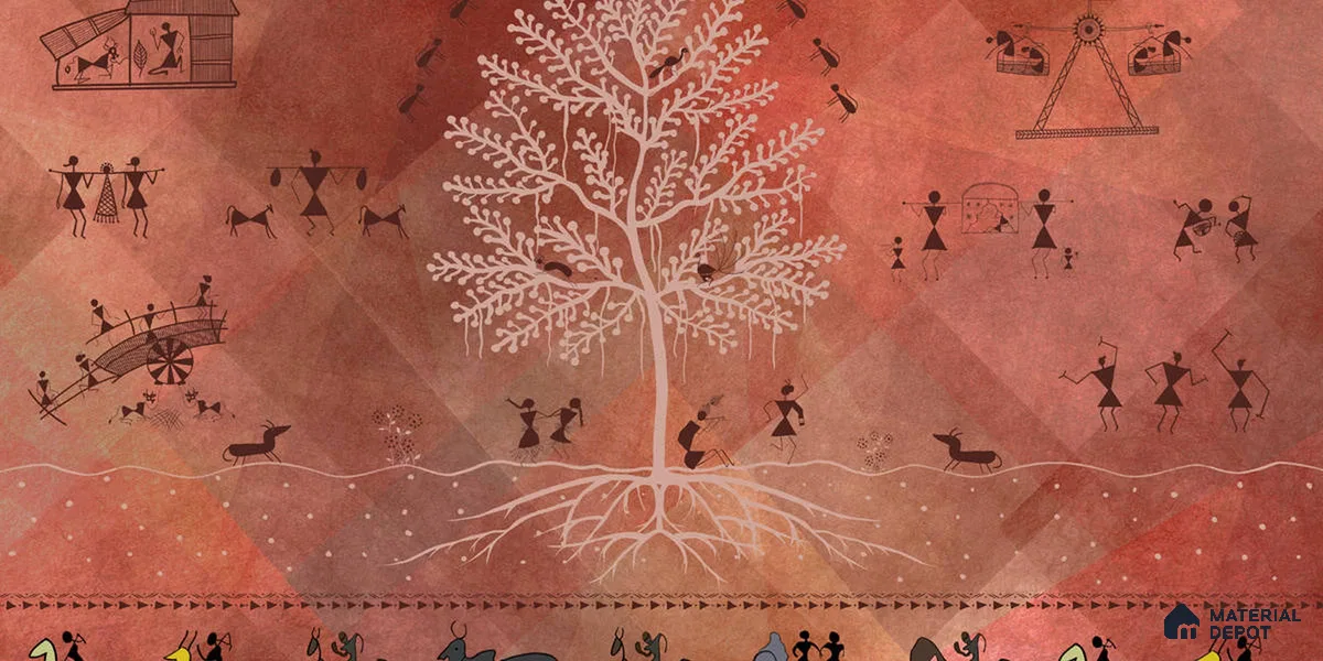 Chitra, Modern Warli Art Design Wallpaper Design for Walls, Customised Sukoon Series Handmade Patterned Design (Customised Size Wallpaper)