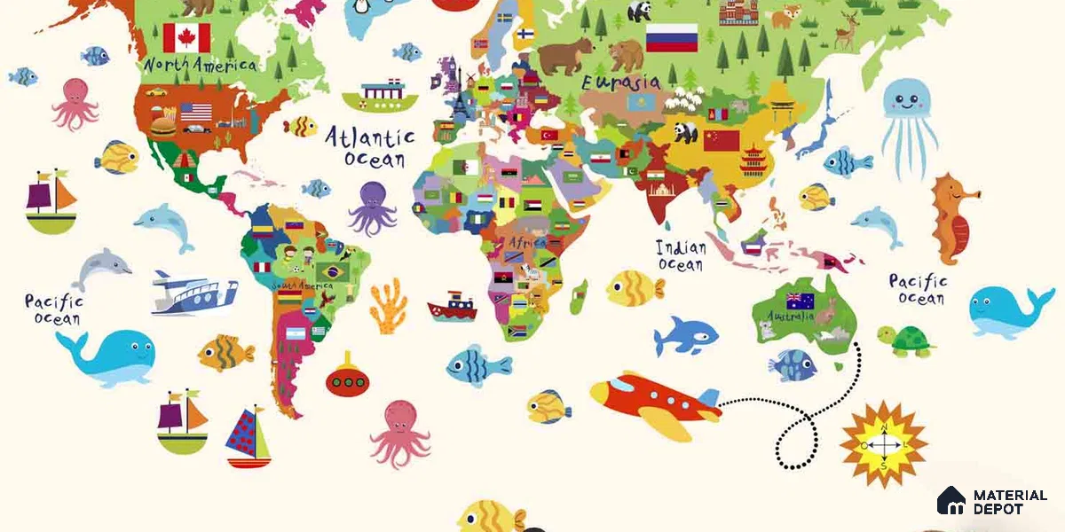 Cute World Map for Kids Room, Young Kids Bedroom Wallpapers Sparkla N Shine Series Canvas Map Design (Customised Size Wallpaper)
