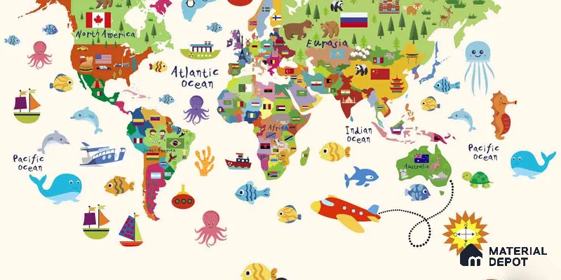 Cute World Map for Kids Room, Young Kids Bedroom Wallpapers Sparkla N Shine Series Soft Feel Map Design (Customised Size Wallpaper)