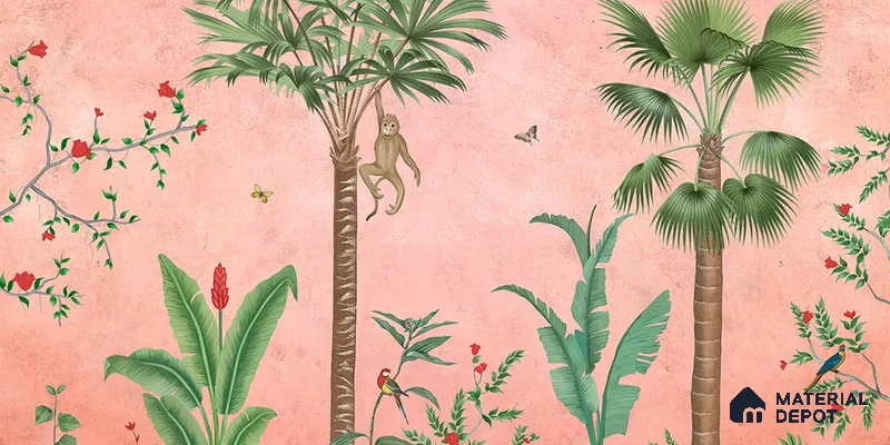 Fascinating Enchantment | Blush Pink Monkey Palm Scene Tropical Look Wallpaper Handmade (Customised Size)