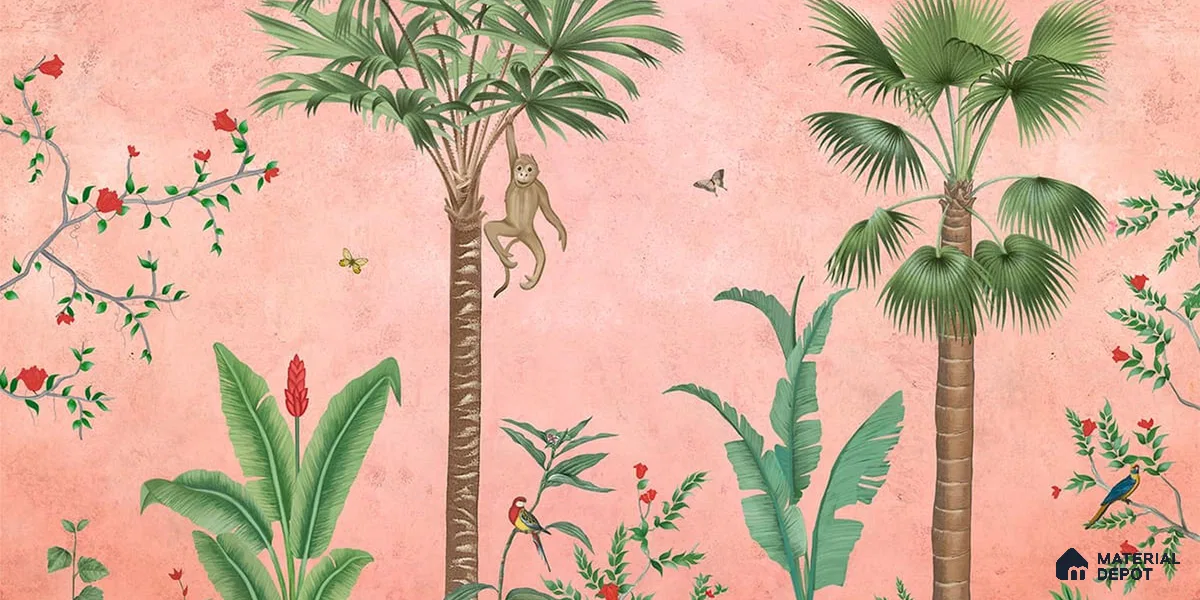 Fascinating Enchantment | Blush Pink Monkey Palm Scene Tropical Look Wallpaper Handmade (Customised Size)