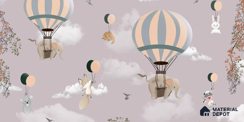 Flying Animals on Hot Air Balloons Wallpaper Design for Kids, Customised Sparkla N Shine Series Canvas Entertainment Design (Customised Size Wallpaper)