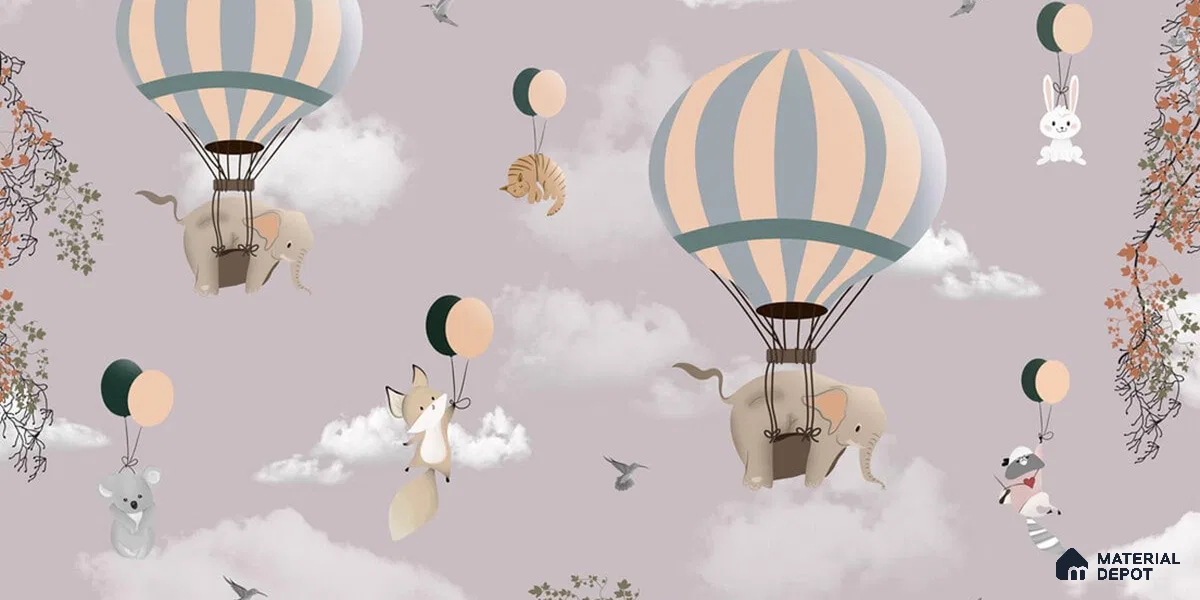 Flying Animals on Hot Air Balloons Wallpaper Design for Kids, Customised Sparkla N Shine Series Handmade Entertainment Design (Customised Size Wallpaper)