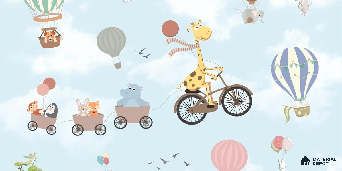 Flying Giraffe Cycle Train Wall Mural for kids Room, Customised Sparkla N Shine Series Soft Feel Entertainment Design (Customised Size Wallpaper)