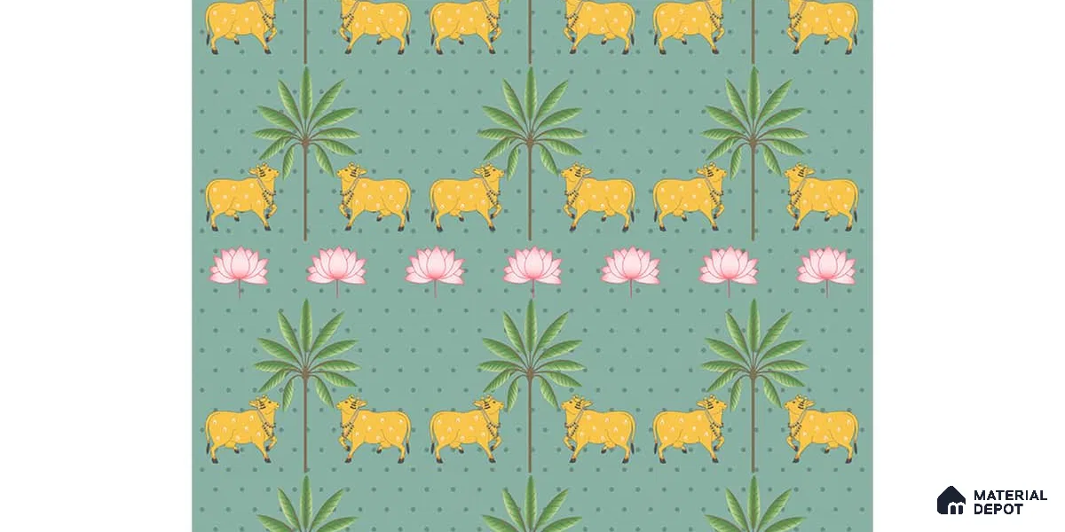 Indian Pichwai Green Wallpaper for Rooms, Customised Sukoon Series Canvas Patterned Design (Customised Size Wallpaper)