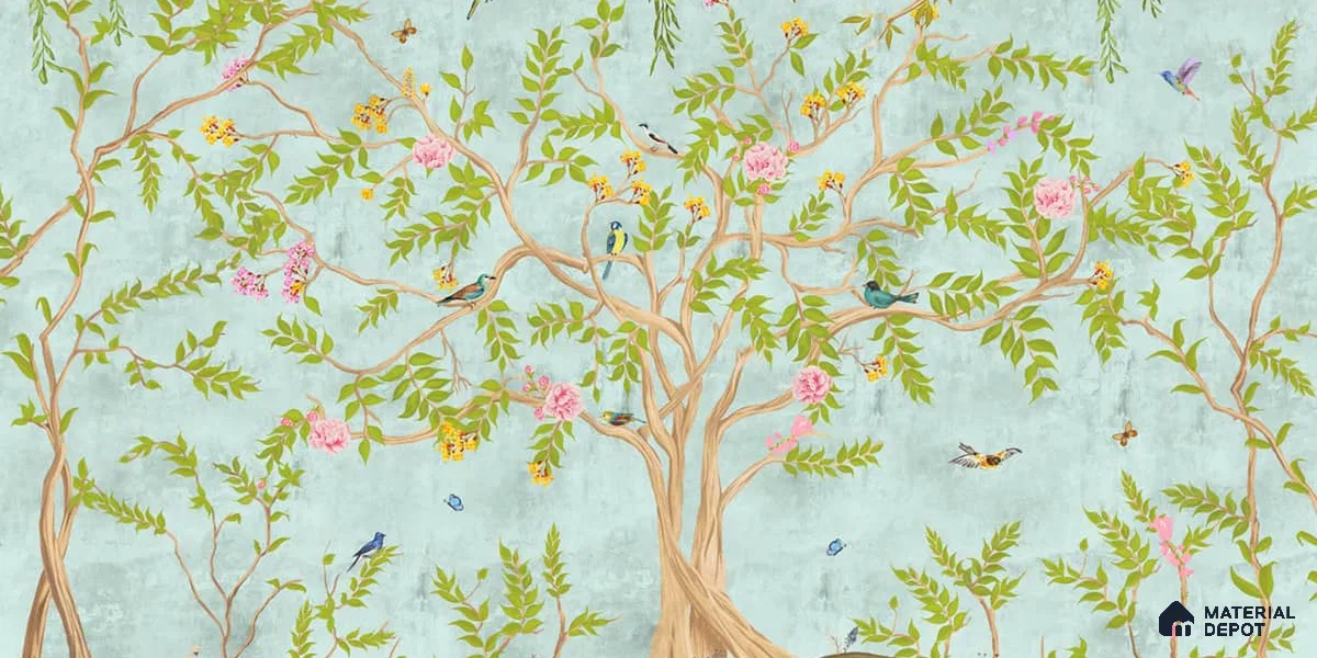 Jannat: Chinoiserie Floral Theme Wallpaper Sukoon Series Canvas Chinoserie Design (Customised Size Wallpaper)