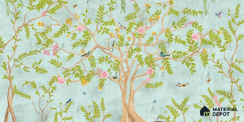 Jannat: Chinoiserie Floral Theme Wallpaper Sukoon Series Handmade Chinoserie Design (Customised Size Wallpaper)