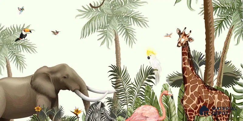 Jungle Theme Animals Wallpaper for Kids Room Walls, Customised Sparkla N Shine Series Soft Feel Entertainment Design (Customised Size Wallpaper)