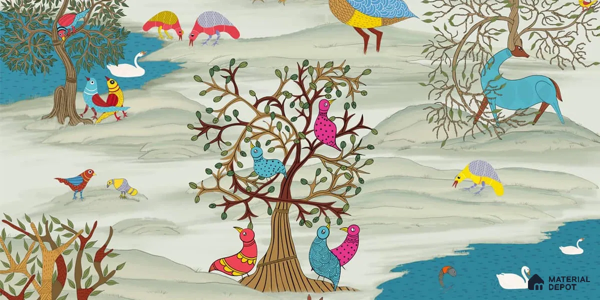Kalpvriksha, Gond Art Garden Wallpaper Sukoon Series Canvas Patterned Design (Customised Size Wallpaper)