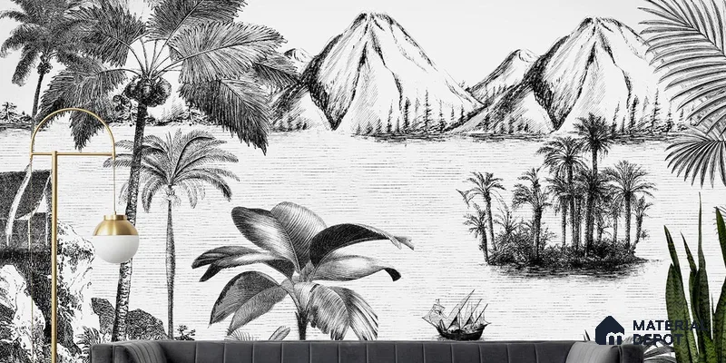 Khoob, Tropical Trees Black and White Wallpaper Sukoon Series Handmade Tropical Design (Customised Size Wallpaper)