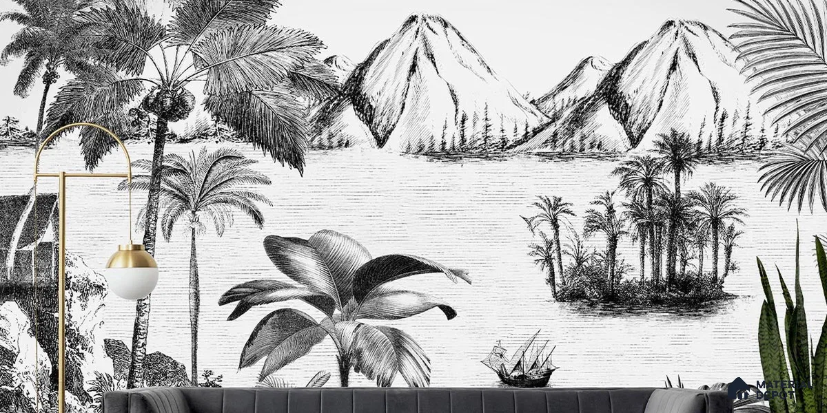 Khoob, Tropical Trees Black and White Wallpaper Sukoon Series Handmade Tropical Design (Customised Size Wallpaper)