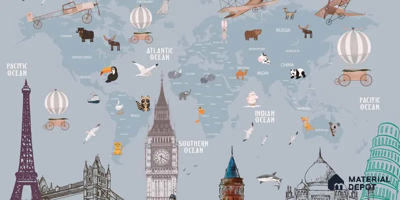 Kids World Map with Monuments, Customised Wallpaper Sparkla N Shine Series Handmade Entertainment Design (Customised Size Wallpaper)