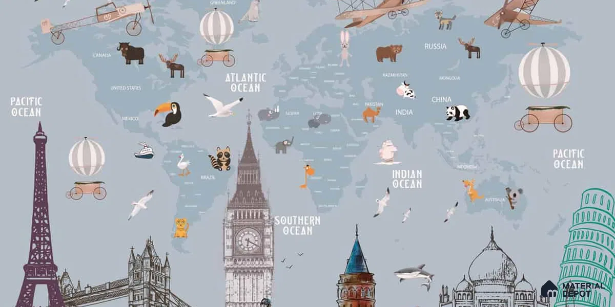 Kids World Map with Monuments, Customised Wallpaper Sparkla N Shine Series Soft Feel Entertainment Design (Customised Size Wallpaper)