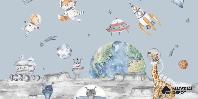 Lets go on a moon walk, Cute kids room wallpaper, Blue Sparkla N Shine Series Soft Feel Entertainment Design (Customised Size Wallpaper)