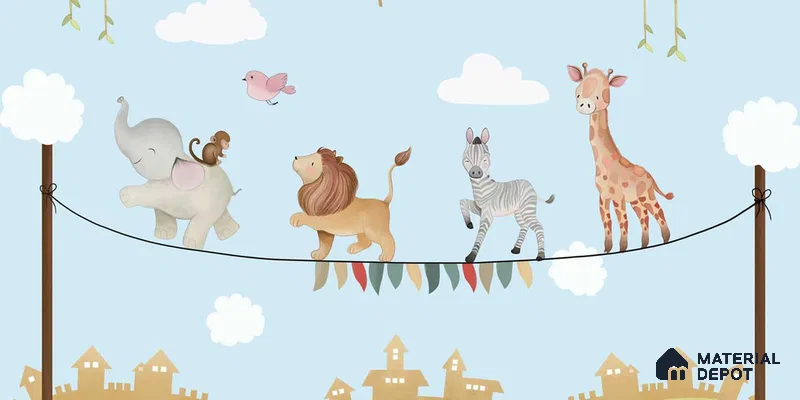Marching Animals on Rope Theme for Kids Room, Customised Sparkla N Shine Series Canvas Entertainment Design (Customised Size Wallpaper)
