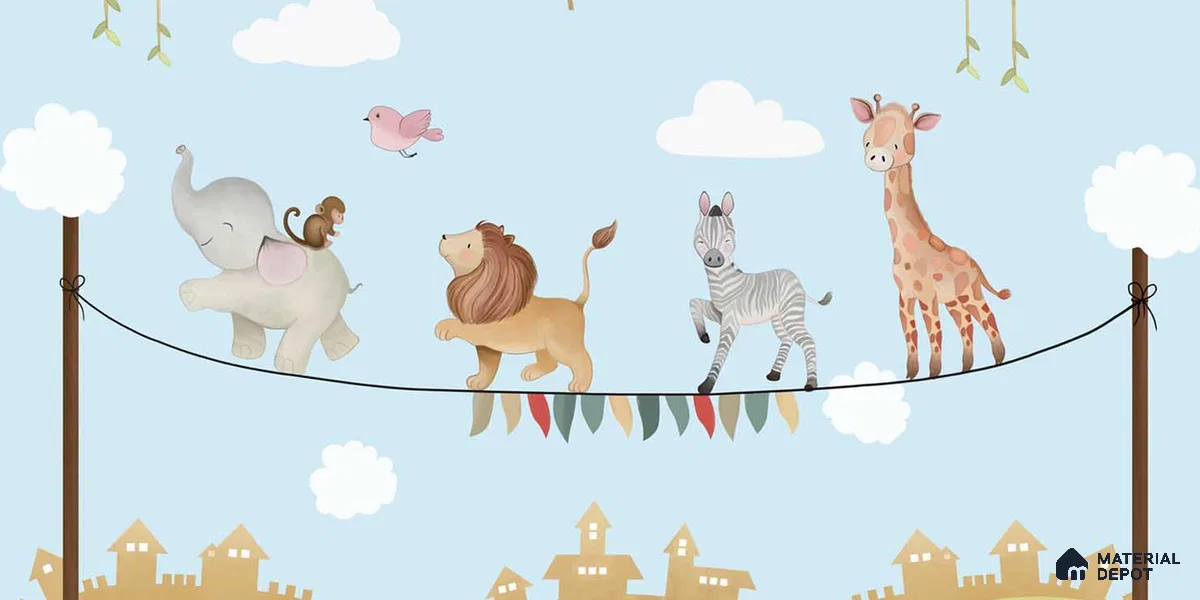 Marching Animals on Rope Theme for Kids Room, Customised Sparkla N Shine Series Soft Feel Entertainment Design (Customised Size Wallpaper)
