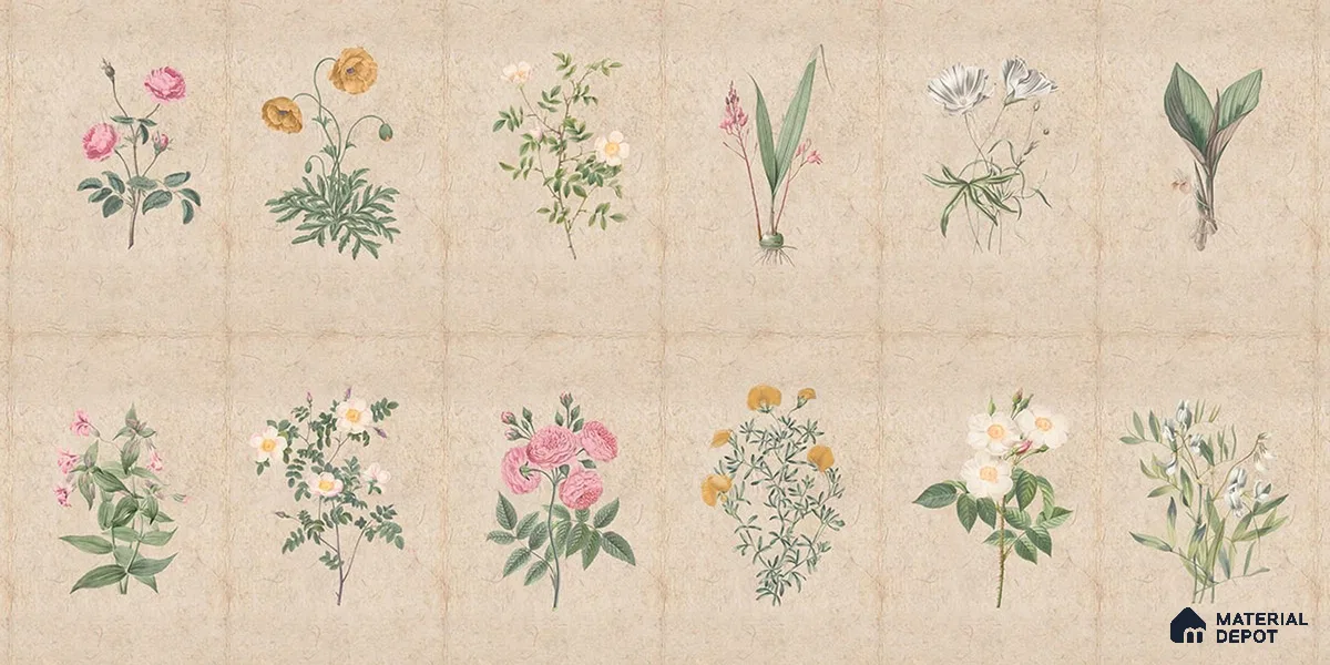 H902712 Mehek, Botanical Rendition Room Wallpaper Sukoon Series Canvas Florals Design (Customised Size Wallpaper)