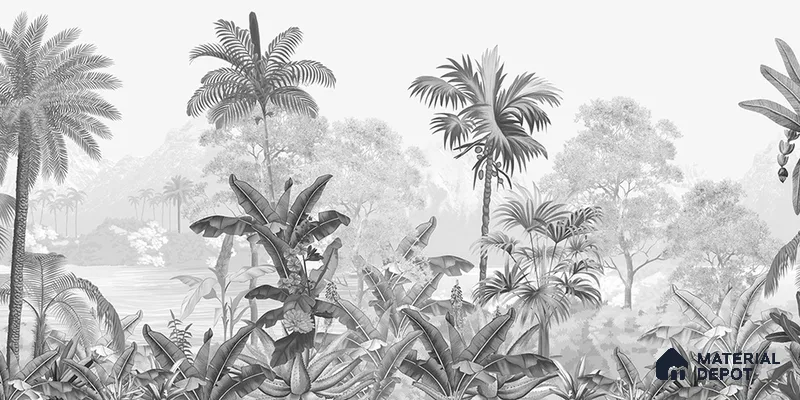 Monochrome Palm haven Wallpaper for Walls Sukoon Series Handmade Nature Design (Customised Size Wallpaper)