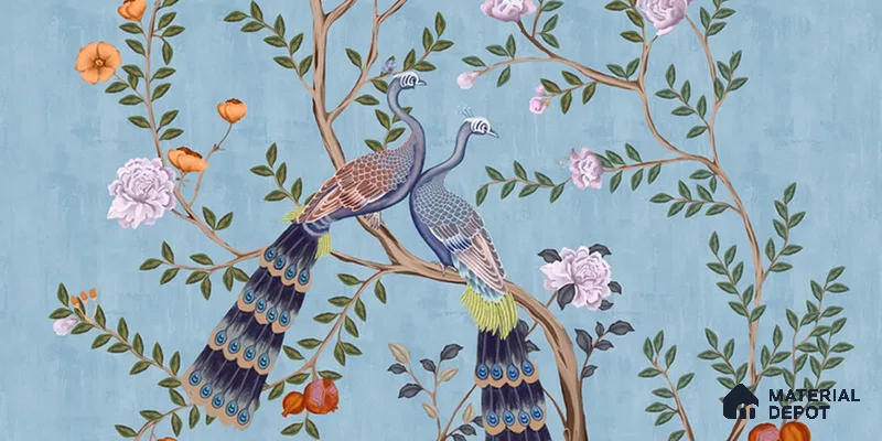 Morni, Peacock and Flowers Chinoiserie Design for Walls, Blue Sukoon Series Canvas Chinoserie Design (Customised Size Wallpaper)