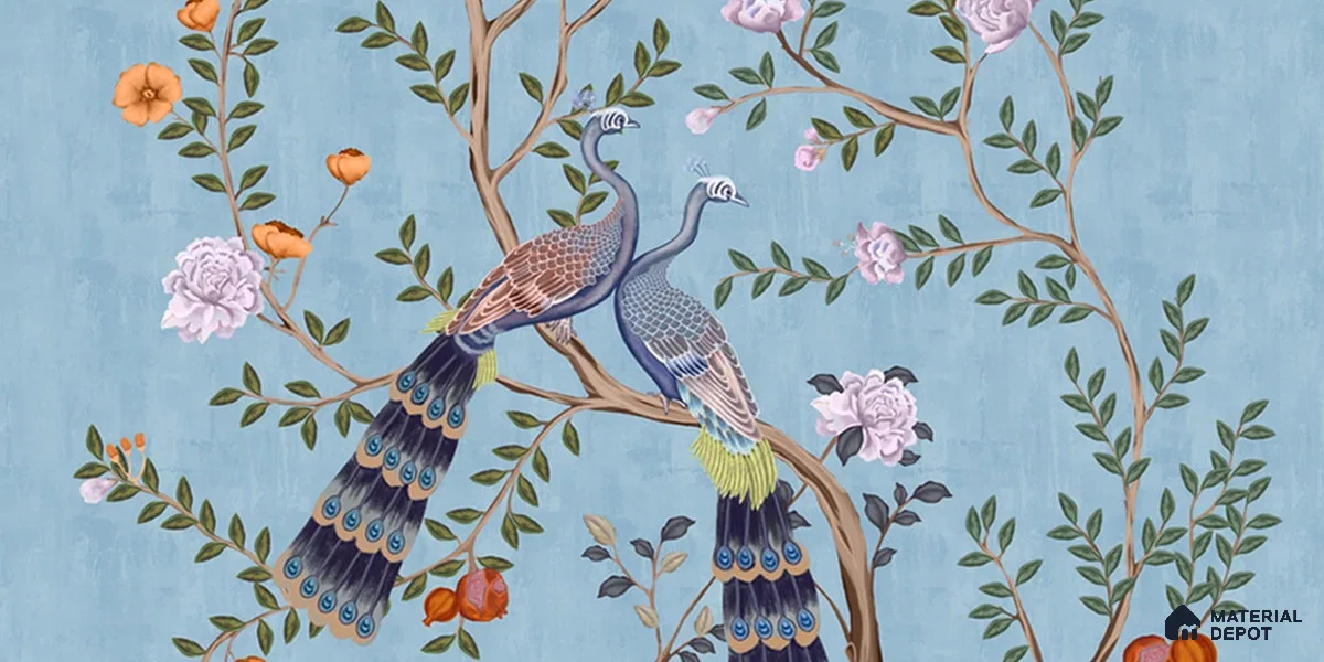 Morni, Peacock and Flowers Chinoiserie Design for Walls, Blue Sukoon Series Canvas Chinoserie Design (Customised Size Wallpaper)