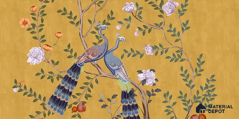 Morni, Peacock and Flowers Chinoiserie Design for Walls, Yellow Sukoon Series Canvas Chinoserie Design (Customised Size Wallpaper)