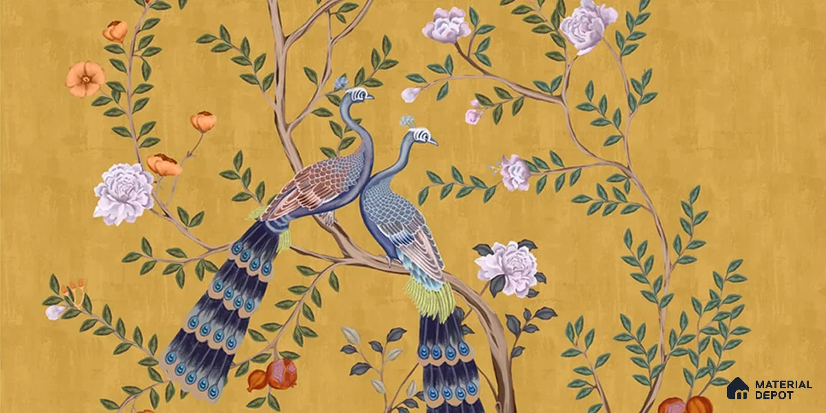 Morni, Peacock and Flowers Chinoiserie Design for Walls, Yellow Sukoon Series Canvas Chinoserie Design (Customised Size Wallpaper)