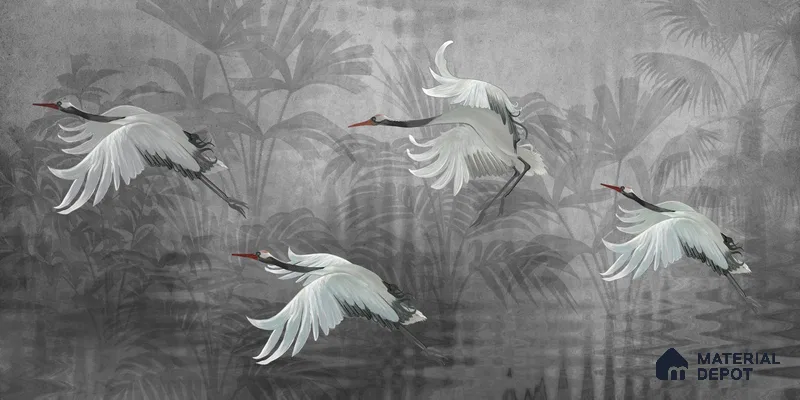 Musafir Beautiful Cranes Grey | Charcoal Grey Crane Birds Scenic Look Wallpaper Canvas (Customised Size)