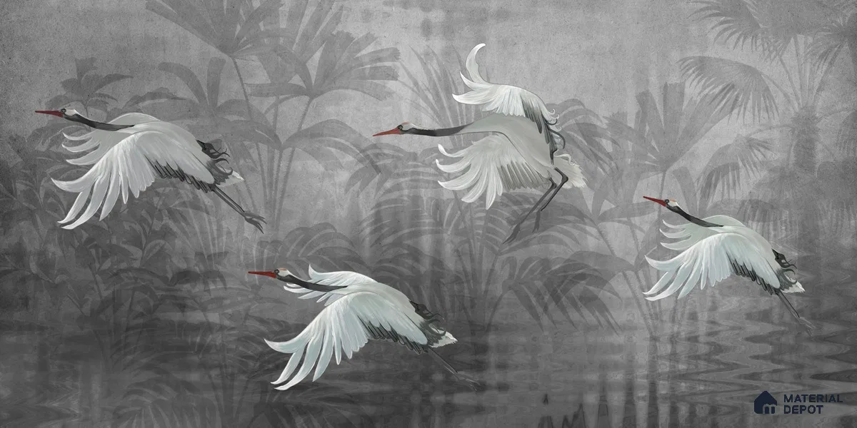 Musafir Beautiful Cranes Grey | Charcoal Grey Crane Birds Scenic Look Wallpaper Canvas (Customised Size)