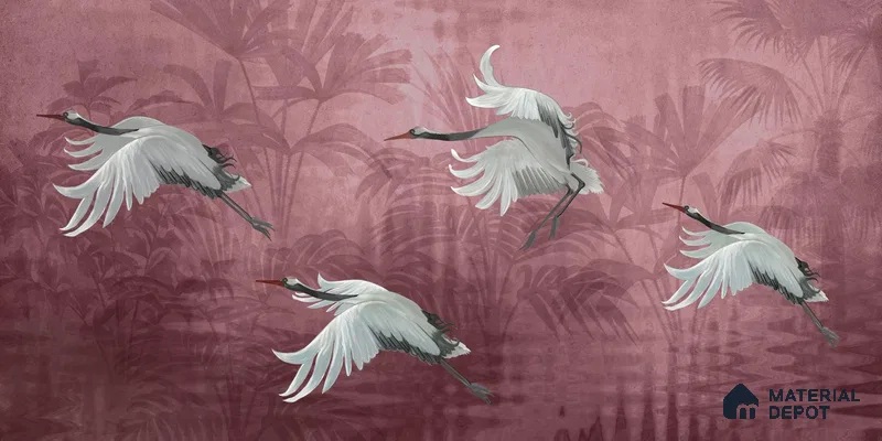 Musafir Beautiful Cranes Maroon | Dusty Mauve Crane Birds Scenic Look Wallpaper Canvas (Customised Size)