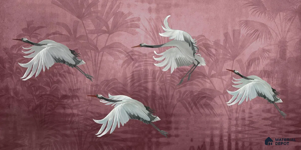 Musafir Beautiful Cranes Maroon | Dusty Mauve Crane Birds Scenic Look Wallpaper Canvas (Customised Size)