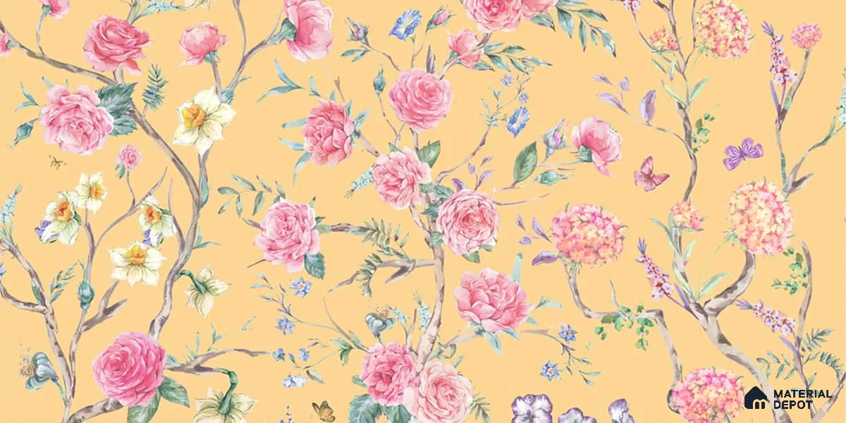 Oriental Yellow Chinoiserie Wallpaper for Walls Sukoon Series Canvas Chinoserie Design (Customised Size Wallpaper)
