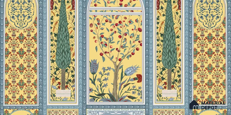 Shalimar Mughal Inspired Colorful Yellow | Mustard Yellow Peacock Border Traditional Look Wallpaper Handmade (Customised Size)