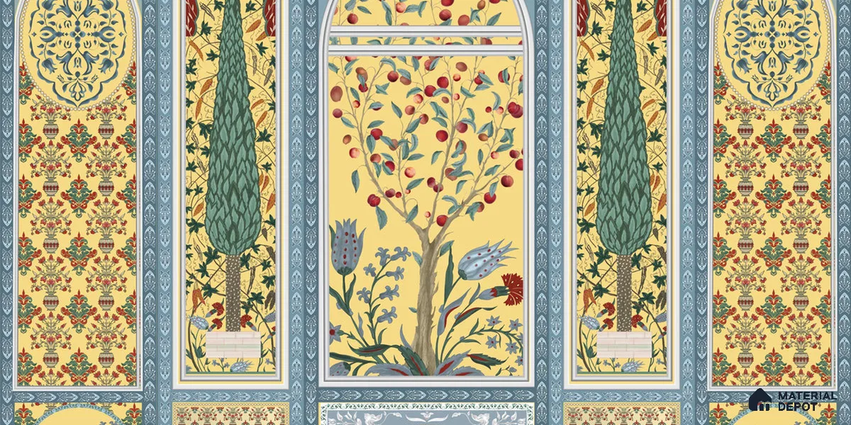 Shalimar Mughal Inspired Colorful Yellow | Mustard Yellow Peacock Border Traditional Look Wallpaper Handmade (Customised Size)