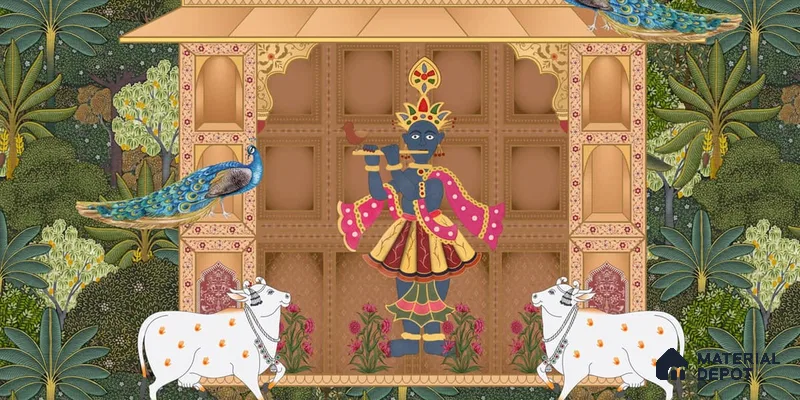 Shrinathji's Garden: Pichwai Inspired Wallpaper for Rooms Sukoon Series Handmade Patterned Design (Customised Size Wallpaper)
