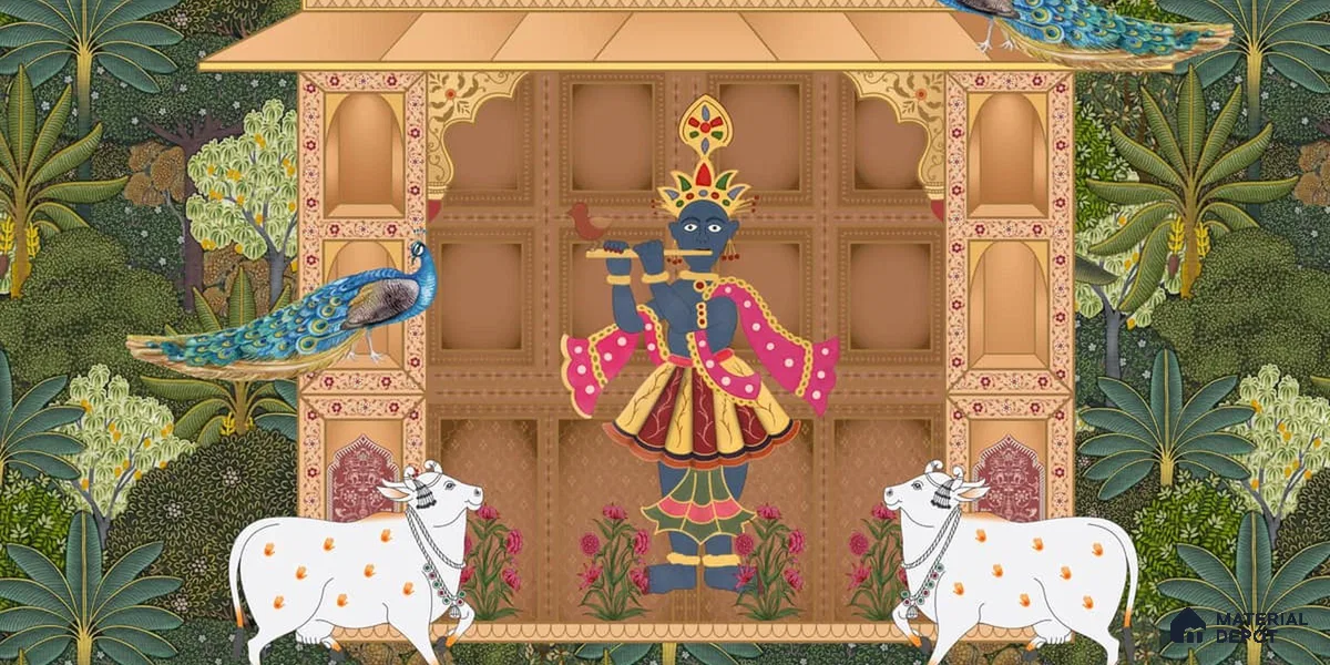 Shrinathji's Garden: Pichwai Inspired Wallpaper for Rooms Sukoon Series Handmade Patterned Design (Customised Size Wallpaper)