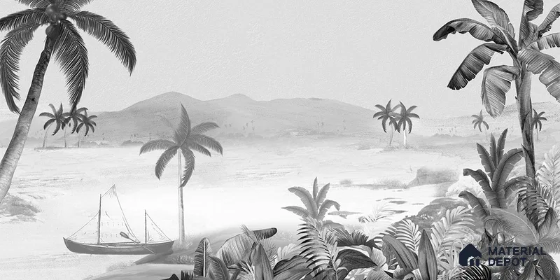 Silent Night, Tropical Beach Wallpaper, Black and White Sukoon Series Canvas Tropical Design (Customised Size Wallpaper)
