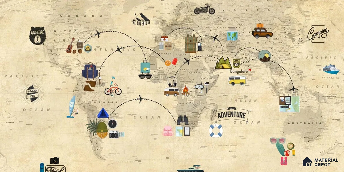 Travel Theme World Map for Kids Rooms Sparkla N Shine Series Soft Feel Map Design (Customised Size Wallpaper)