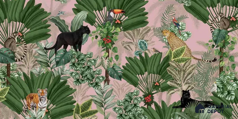 Tropical Tales: Deep Forest Wallpaper, Pink Sukoon Series Handmade Tropical Design (Customised Size Wallpaper)