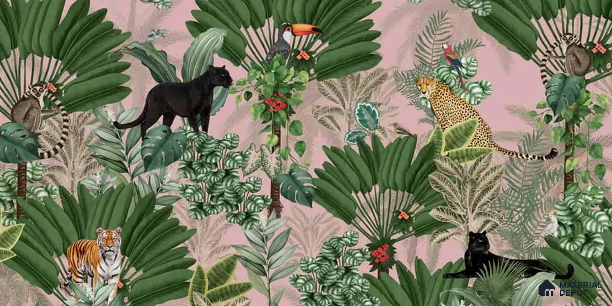 Tropical Tales: Deep Forest Wallpaper, Pink Sukoon Series Handmade Tropical Design (Customised Size Wallpaper)