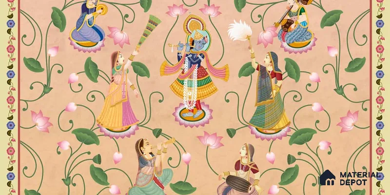 H900712 Vrindavan, Shri Krishna and Gopies Wallpaper Sukoon Series Canvas Patterned Design (Customised Size Wallpaper)