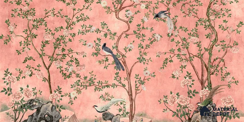 Rosa Chinoiserie, Canvas Pink Color (Customised Size Wallpaper)