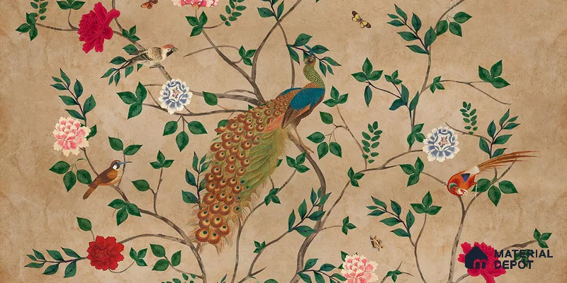 Pakhi Beige Chinoiserie Design Handmade (Customised Size Wallpaper )
