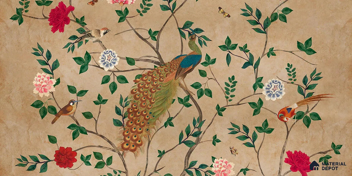 Pakhi Beige Chinoiserie Design Canvas (Customised Size Wallpaper )