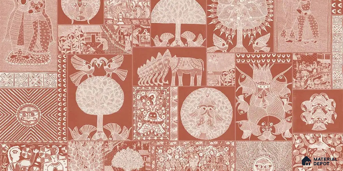 Geet Madhubani Handmade Wallpaper, Terracotta Red (Customised Wallpaper)
