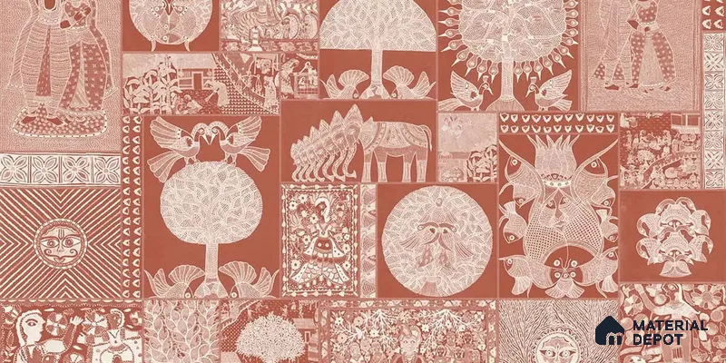 Geet Madhubani Canvas Wallpaper, Terracotta Red (Customised Wallpaper)